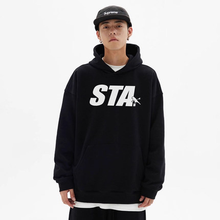 STA基础款印花连帽卫衣男女同款宽松秋冬加厚加绒帽衫百搭上衣