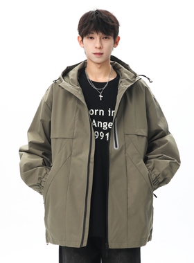 STA机能连帽夹克男宽松户外防风潮牌军绿色外套潮流冲锋上衣百搭