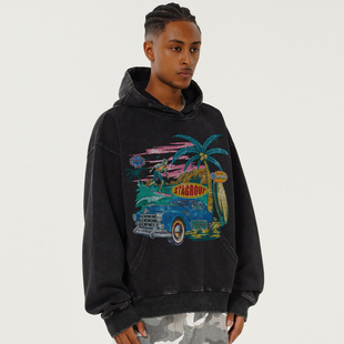 STA国潮牌350克重磅复古休闲度假小轿车水洗美式 做旧连帽卫衣男女