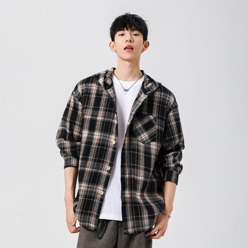 STA长袖复古格子衬衫男士连帽宽松休闲外套潮流衬衣秋冬百搭衫,男装,衬衫,淘宝优惠券,粉丝福利购,淘宝优惠卷
