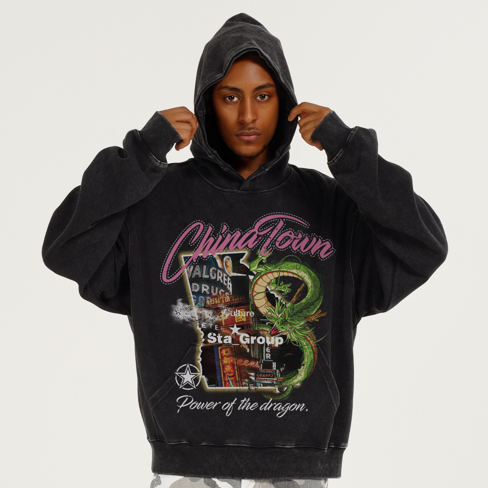 STA青龙现世水洗连帽卫衣