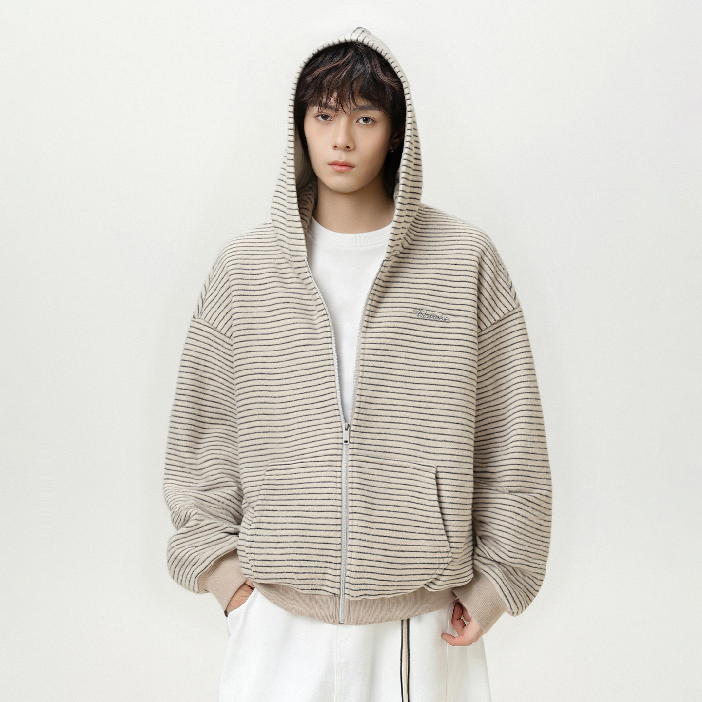 STA美式复古条纹连帽开衫卫衣