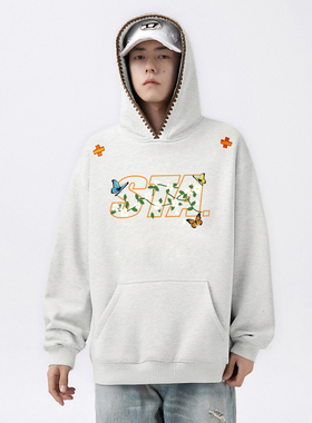 STA国潮牌连帽卫衣男女宽松休闲潮流高街花灰色外套美式上衣重磅