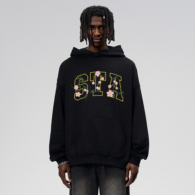 STA基础花卉字母印花连帽卫衣重磅宽松男高街潮流情侣美式帽衫女
