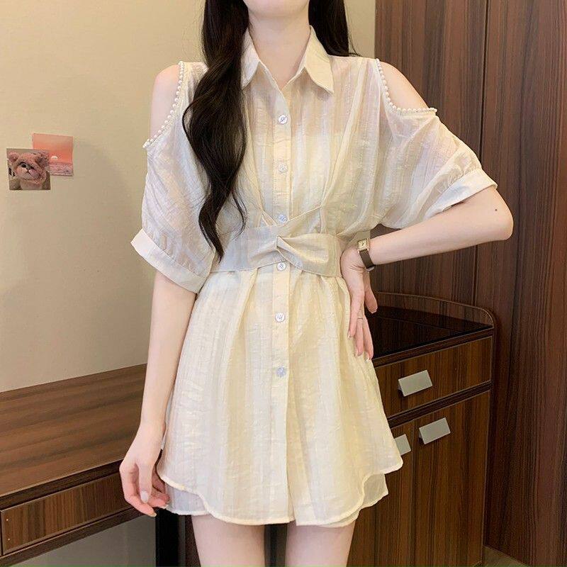 德国工艺大码温柔风雪纺短袖衬衫短裤两件套女夏胖mm遮肉显瘦气质
