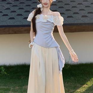 纯欲风云朵泡泡一字肩领露肩飘带T恤小衫2025夏季不规则女装上衣