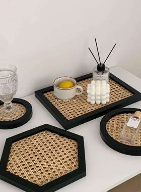TJJ丨自制ins复古藤编托盘桌面饰品收纳盘北欧风拍照摄影道具