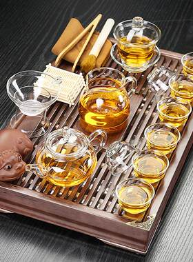 紫砂功夫茶具套装家用简约不锈钢抽屉式小茶盘实木带排水茶海整套