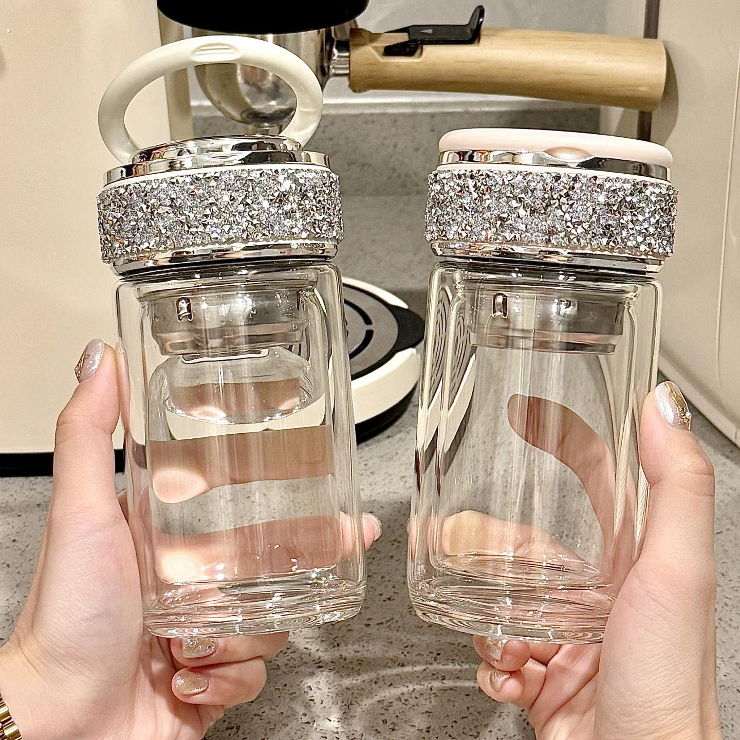 镶钻杯子高级感轻奢水杯2025新款高颜值女双层玻璃杯可携式小巧迷