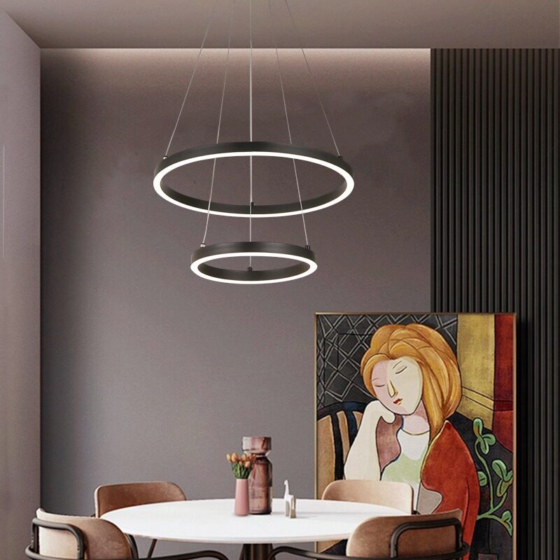 餐厅灯 现代 简约餐吊灯 宽电压黑色吊灯圈圈吊灯家用LED双层吊灯