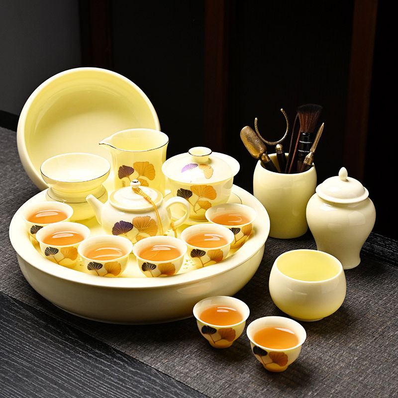 17头宝石黄三生有杏全家福玲珑大盘茶具套装家用会客品茗杯