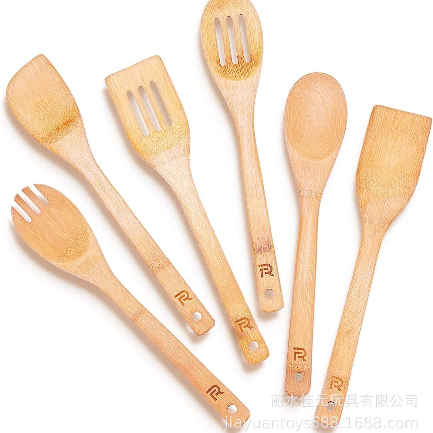 竹制烹饪勺6件套木制烹饪用具套装带木勺用于烹饪和刮刀木制餐具