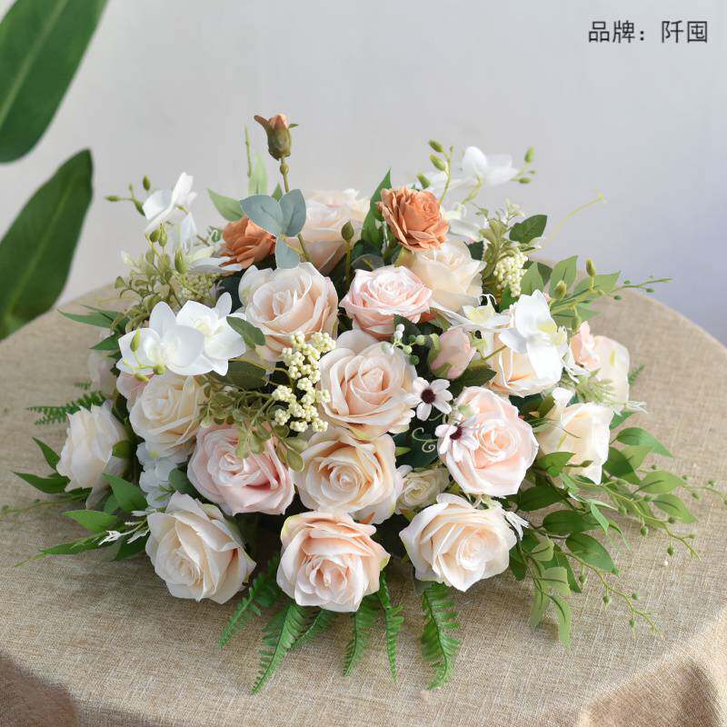 高档圆桌中间摆花酒店餐厅包厢转盘仿真花桌面装饰假花餐桌花摆件