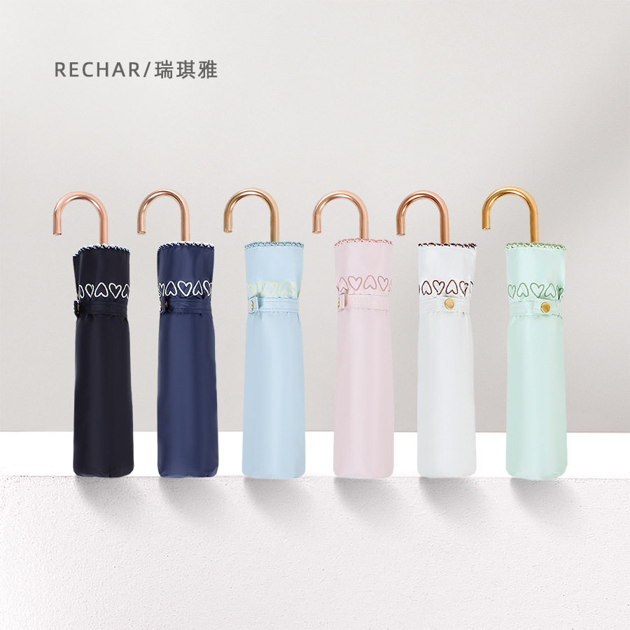 现货 SZ218精致生活彩胶勾边爱心弯柄三折伞防晒遮阳伞花边爱心伞