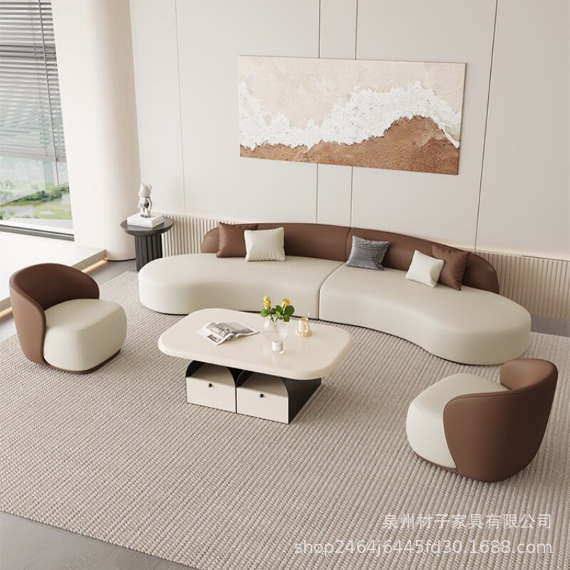 北欧布艺沙发洽谈皮艺办公室商务接待会客茶几组猫抓皮沙发