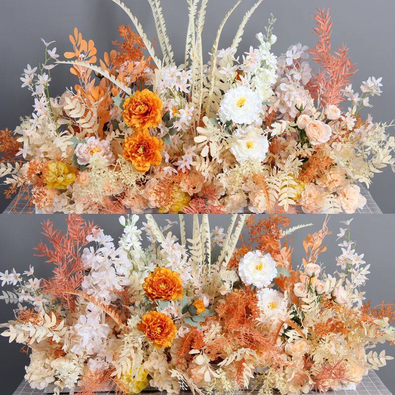 新款婚庆加密地排花绢花芒花排花墙 台成品路引花婚礼花艺