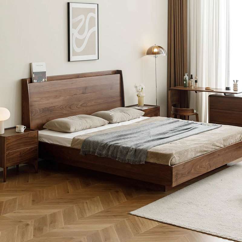 北美黑胡桃木箱体床现代简约主卧家具北欧全实木樱桃木双人悬浮床