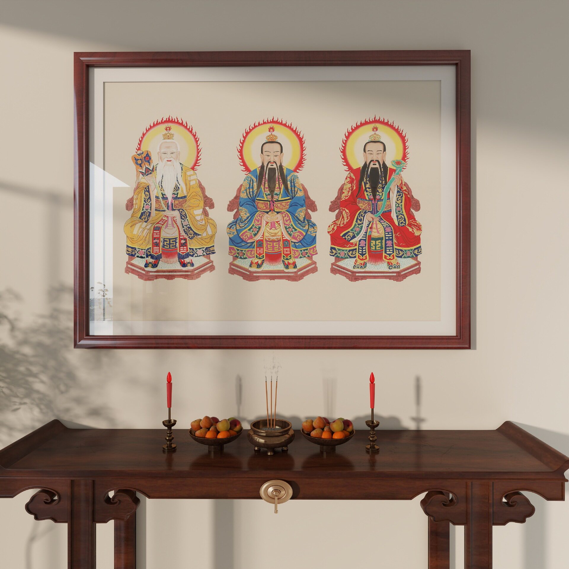 三清祖师画像神像挂画道德天尊元始天尊太上老君实木框中堂装饰画