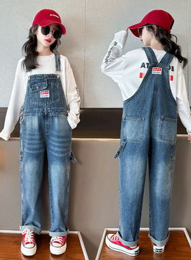 Z1010-早阳童2023秋季新款中大童时髦复古港风贴标牛仔背带裤女童