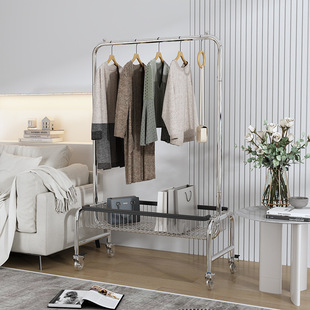 落地衣架家用简易挂衣架长款单杆晾衣架子室内带篮子置物架衣帽架