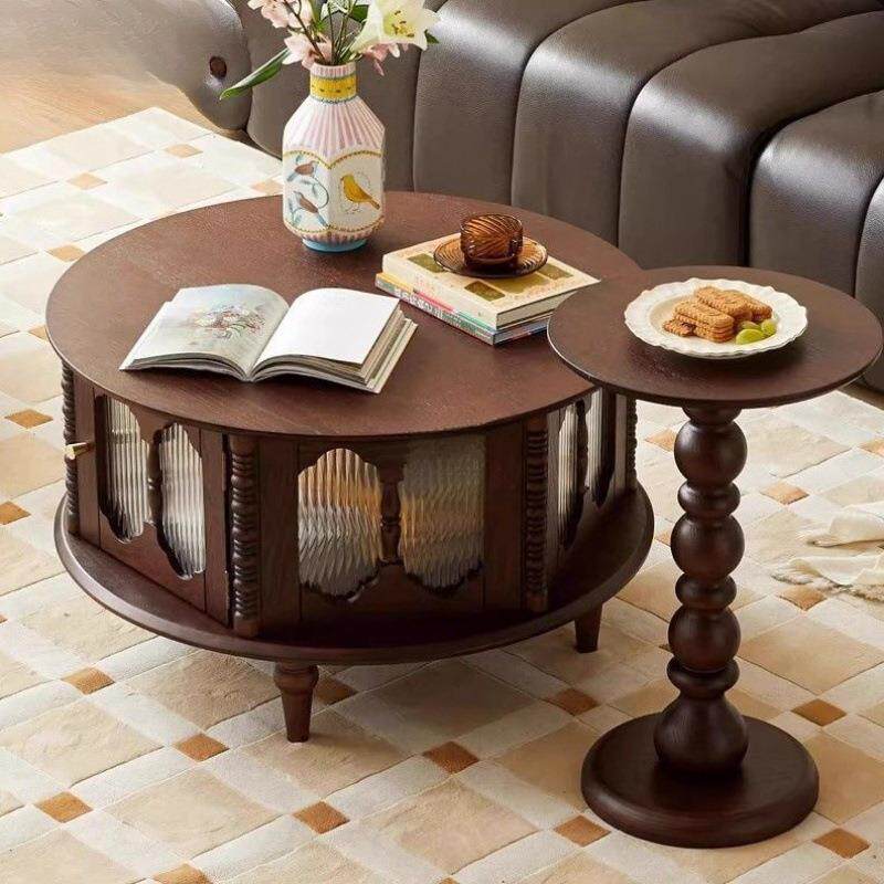 法式复古实木茶几家用客厅小户型玻璃茶台中古组合圆形茶桌其他