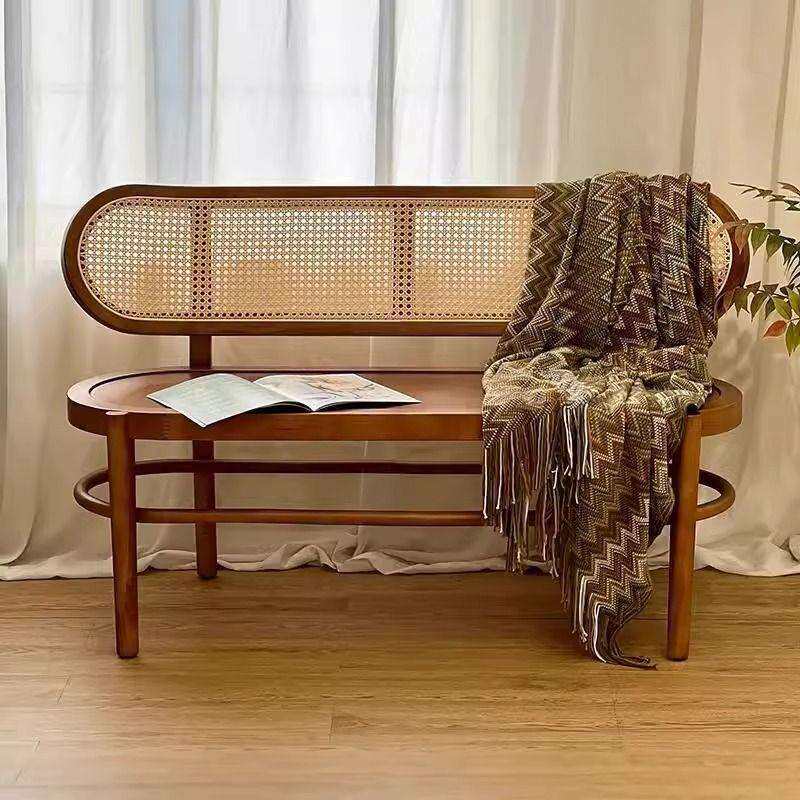 北欧实木双人椅藤编椅长板凳家用法式复古餐椅民宿阳台长凳椅藤椅