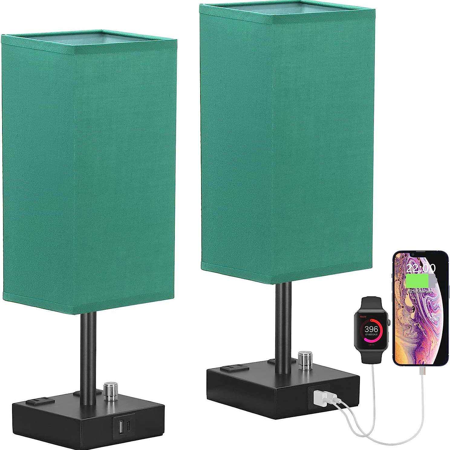 爆款USBC+A充电卧室床头客厅方形亚麻布艺旋钮调光台灯