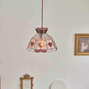 美式复古床头吊线灯法式彩色玻璃餐厅吧台中古花朵爱心装饰小吊灯