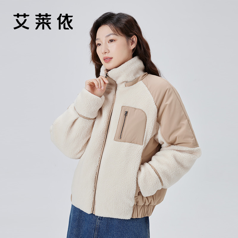 艾莱依短款羽绒服女2023新款连帽仿羊羔毛拼接鸭绒时尚韩版外套冬