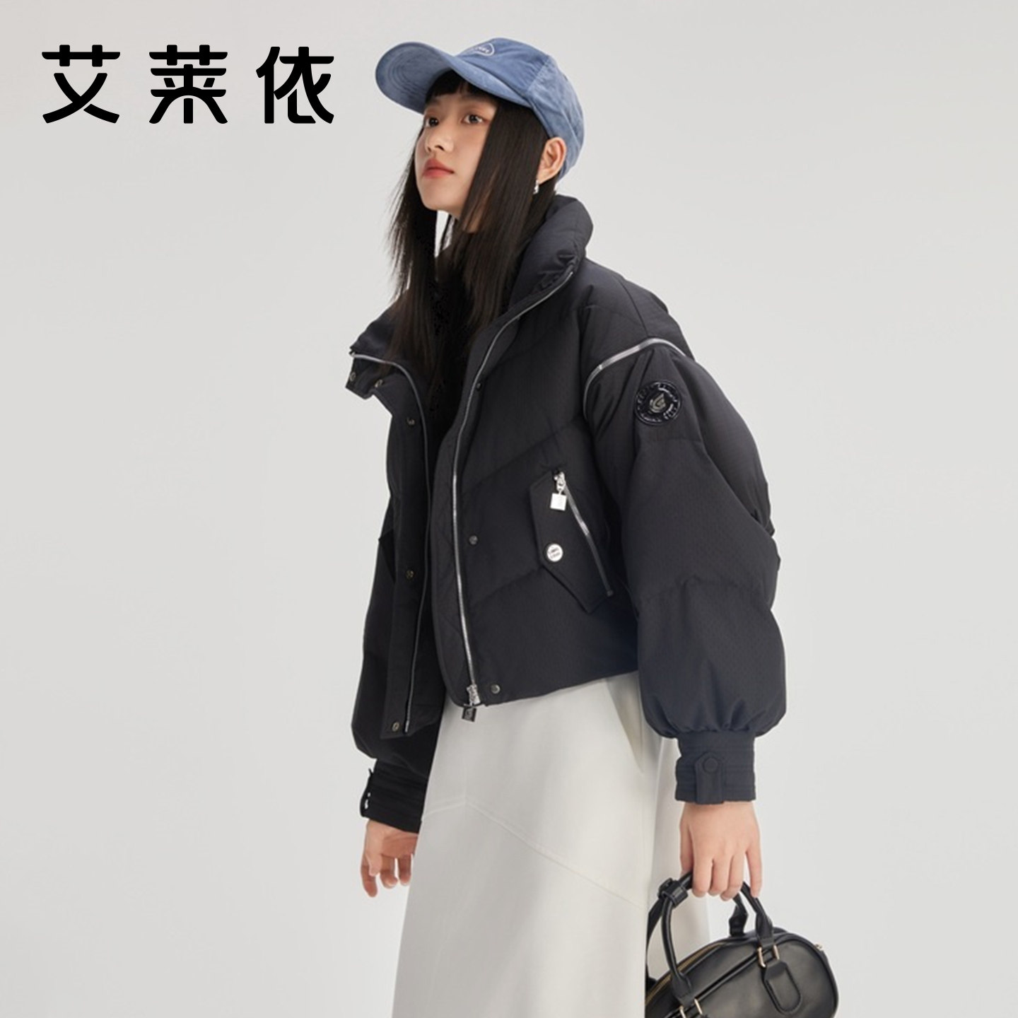 艾莱依短款羽绒服女2025冬季新款立领廓形小个子韩版休闲宽松外套