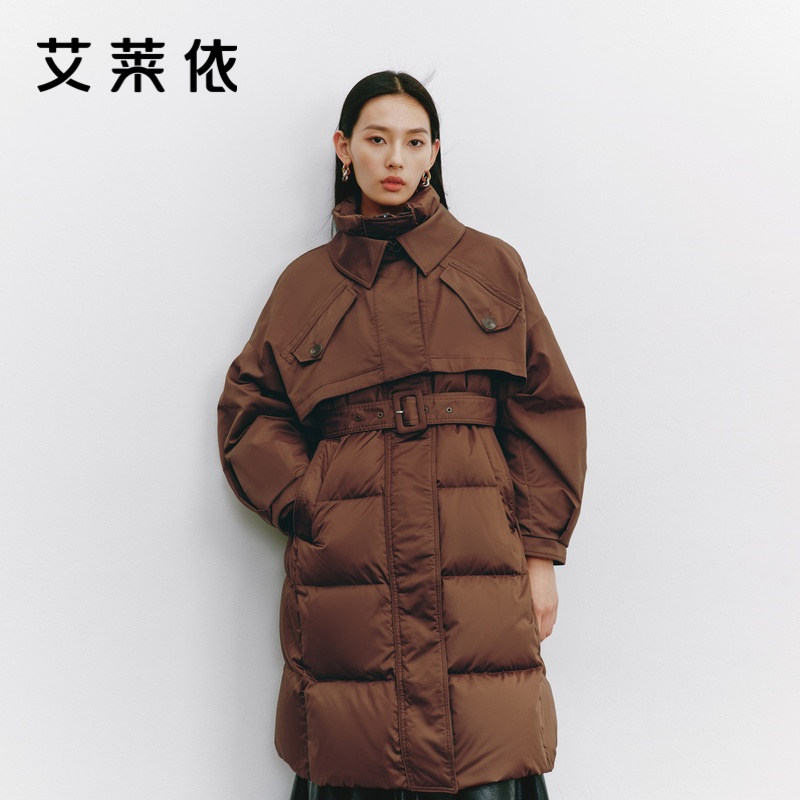 艾莱依翻领长款过膝羽绒服女鹅绒两件套保暖气质收腰时尚商务女