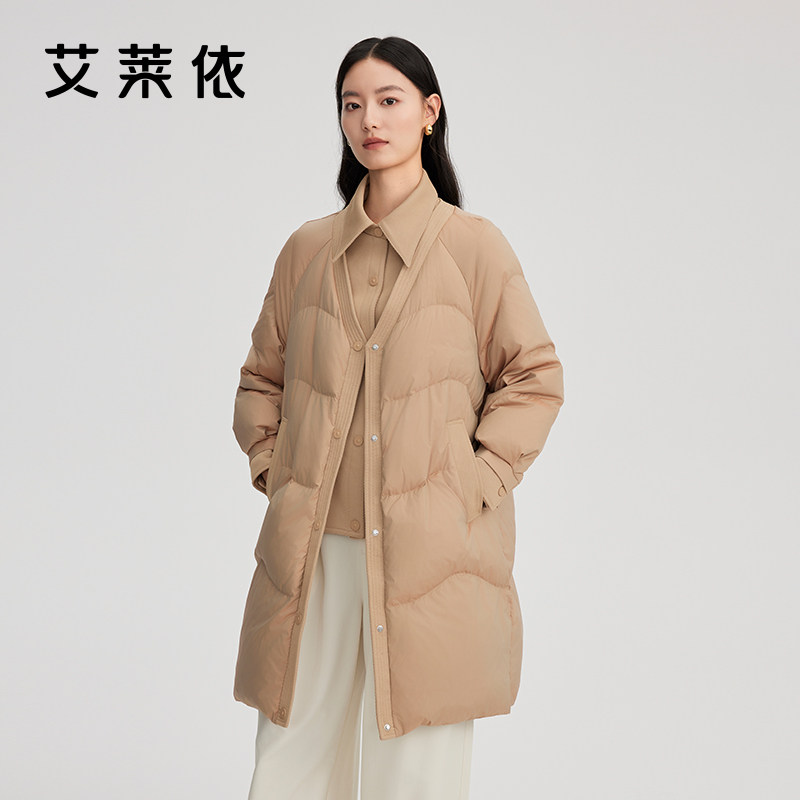 艾莱依新款羽绒服女设计感假两件拼接简约百搭长款大衣外套保暖,女装/女士精品,羽绒服,淘宝优惠券,粉丝福利购,淘宝优惠卷