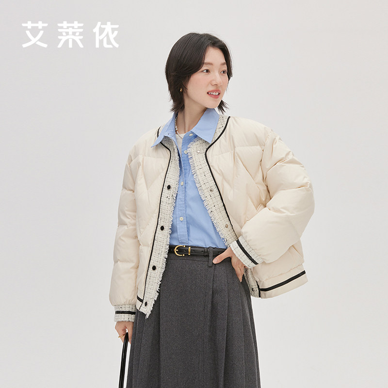 艾莱依小香风流苏时尚羽绒服女冬季新款小个子短款宽松白鸭绒外套