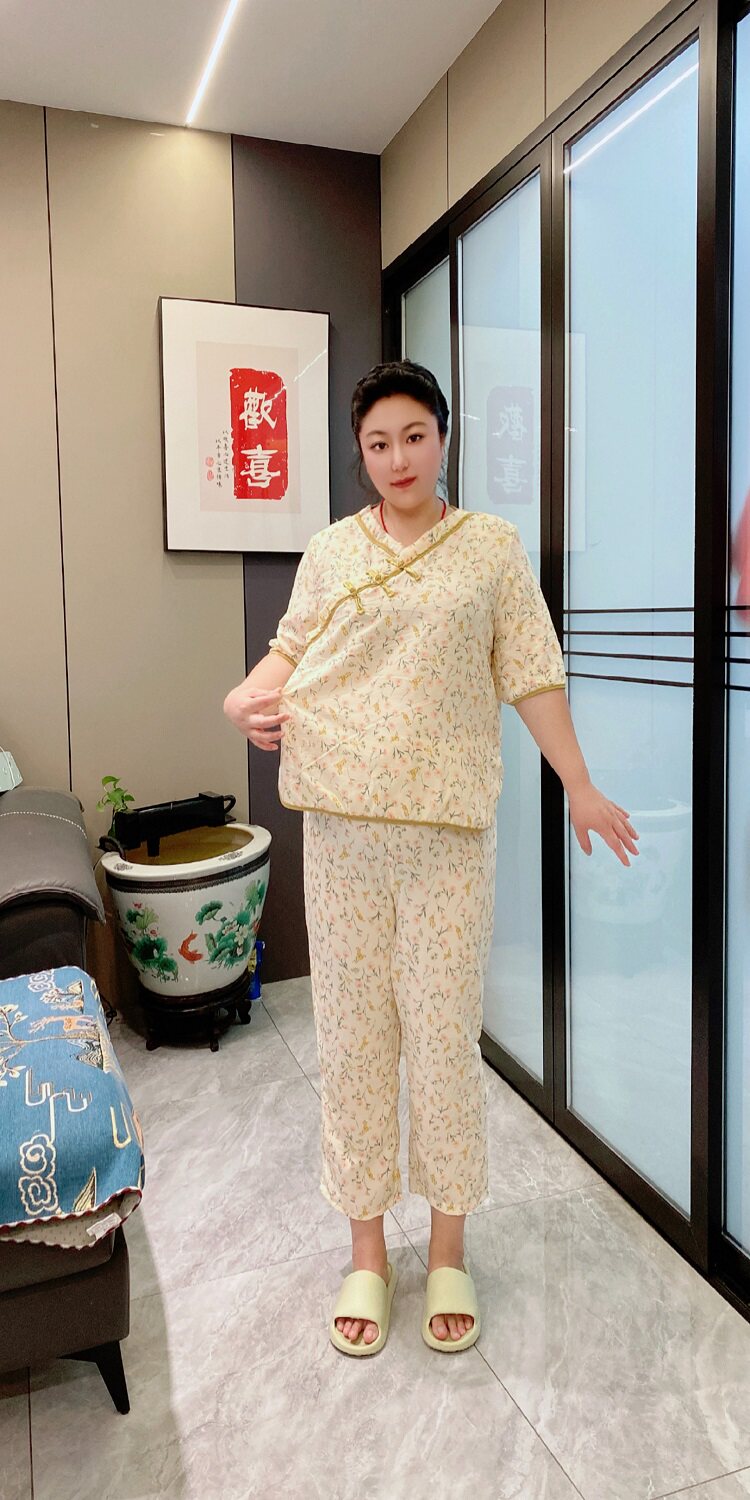 国风新中式V领盘扣睡衣女款夏季短袖裤子两件套2024新款家居套装