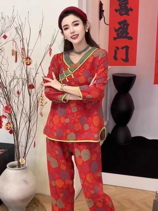 高品质新中式国风盘扣睡衣女2025年新款双纱棉纱家居服两件套