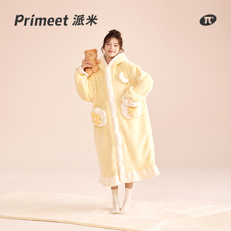 黄色睡衣女长袖珊瑚绒睡袍冬季新款睡裙学生保暖小众设计感家居服