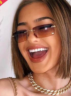 2023women sunglasses 无框小框太阳镜女复古方形ins圆脸墨镜金属