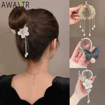 Pearl Rhinestone Hair Claw Clips Flower Horsetail Buckle Bun