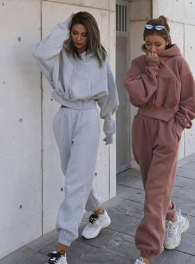 Women winter clothes sweaters休闲欧美风秋冬加绒卫衣长裤套装