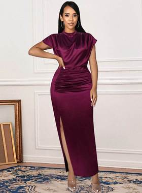 2022欧美新款大码高腰气质红色礼服款长裙 Plus Size Party Dress