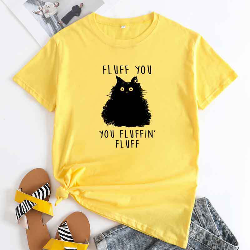 women Cotton print tshirt女大码宽松休闲猫字母印花纯棉短袖T恤图片