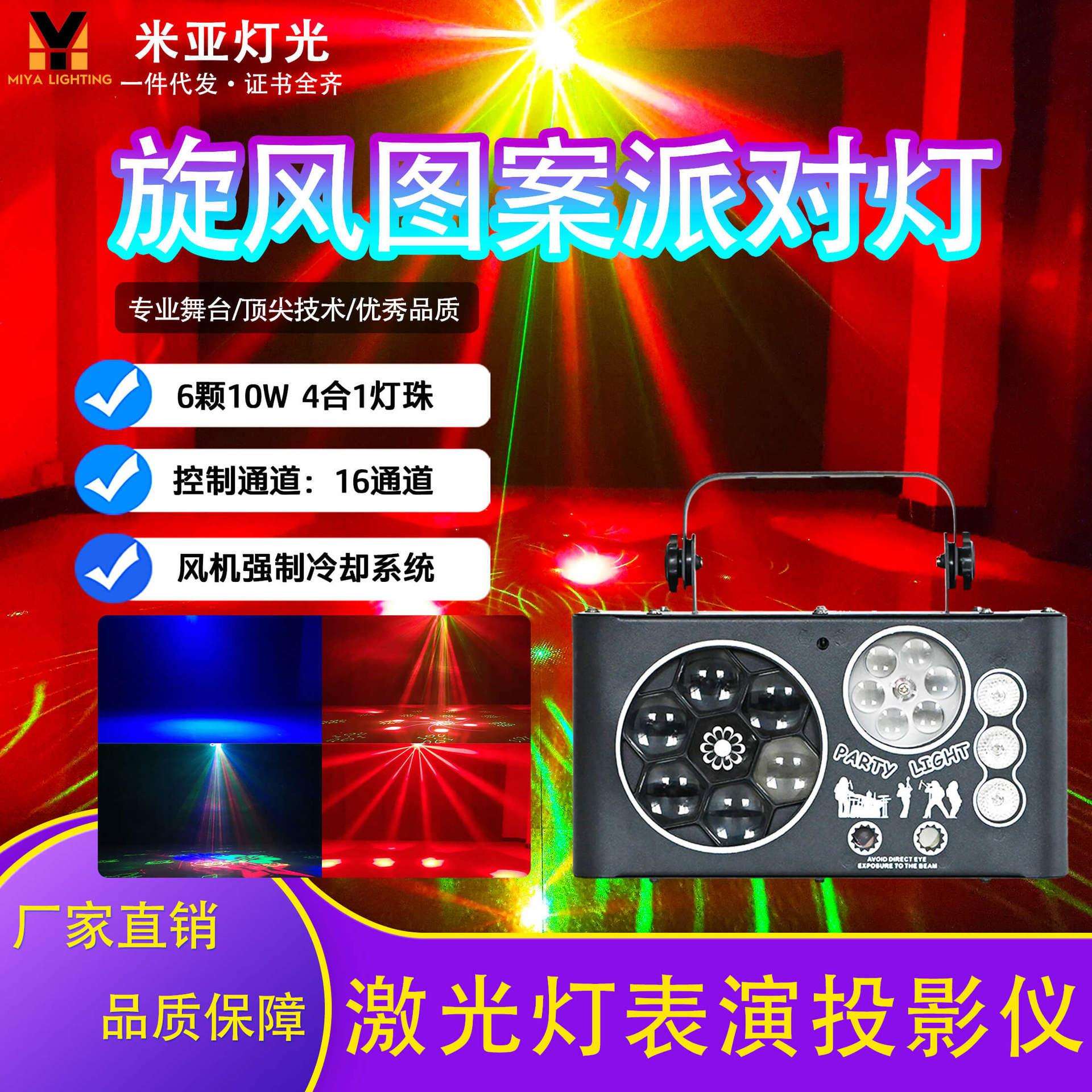 跨境新款声控七彩闪光灯DMX512控制旋风图案四合一频闪氛围舞台灯