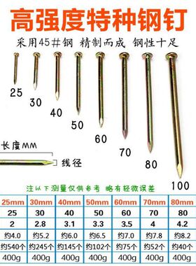 龙泰剑特种钢钉水泥钉硬度黄色墙钉墙画钉子五金铁钉盒装钉包邮