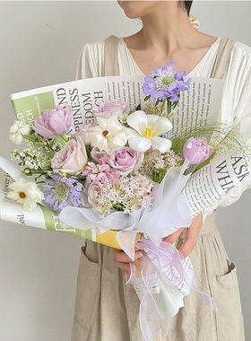鲜花包装画报法国小镇玫瑰花束向往的生活花艺牛皮纸白色包花材料