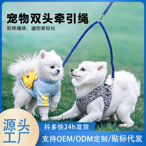 亚马逊热卖双头一拖二弹力牵引绳狗狗弹力带防爆冲宠物牵引带项圈