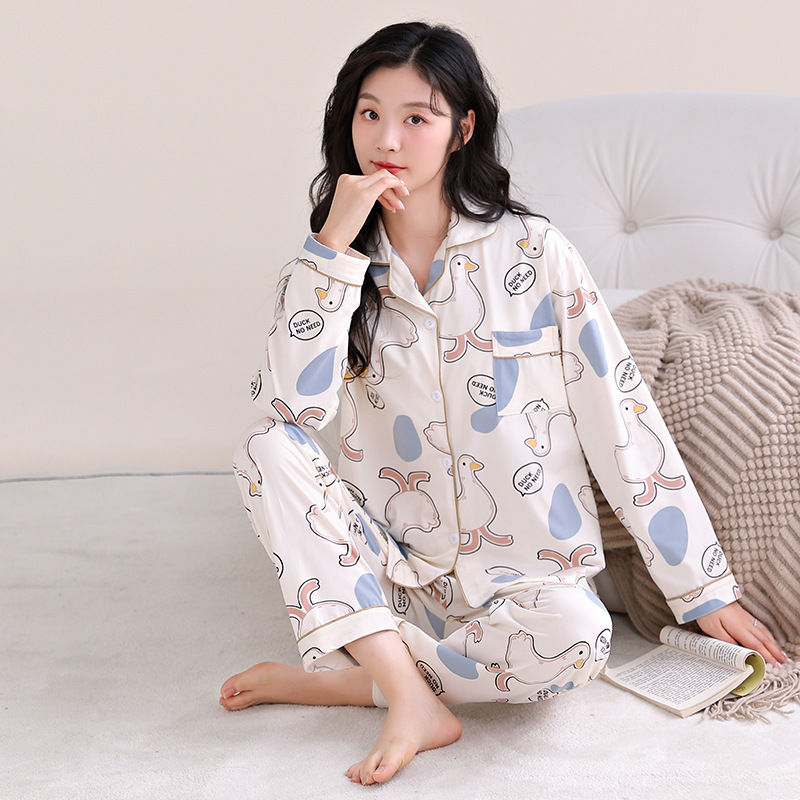 2025新款时尚印花仿棉春秋季睡衣女套装长袖开衫家居服多款舒适