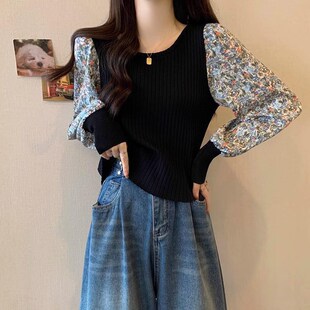 大码 2s024新款 胖mm遮肉设计感针织打底上衣 t恤女秋季 复古碎花长袖