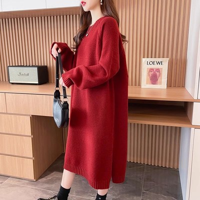 孕妇装秋冬装套装大码宽松加x厚针织连衣裙上衣新年圣诞红色毛衣