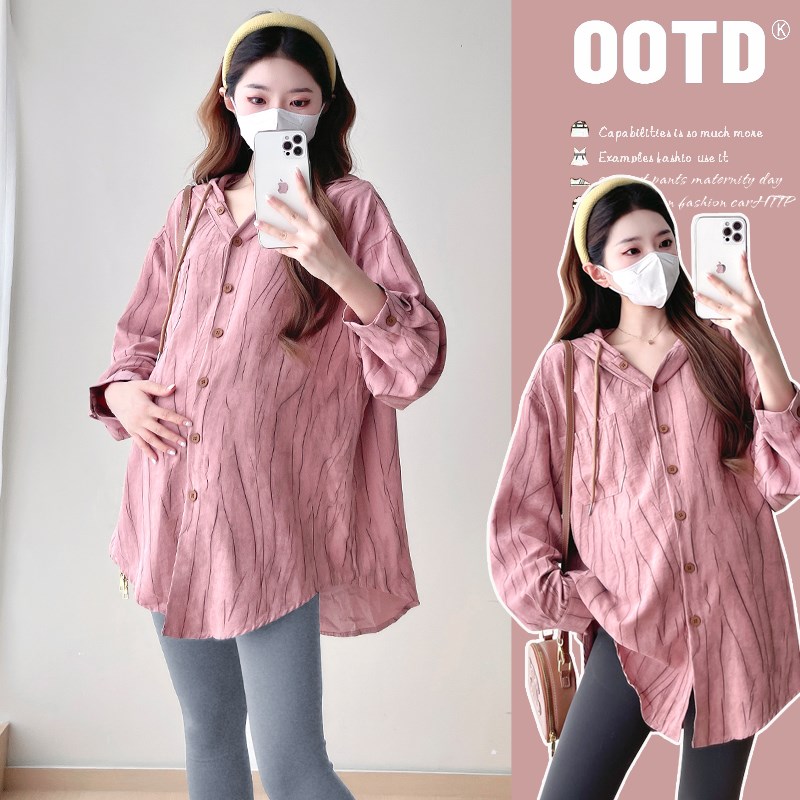 孕妇装秋装时尚连帽长袖衬衫202C4新款孕妇上衣宽松大码休闲衬衣