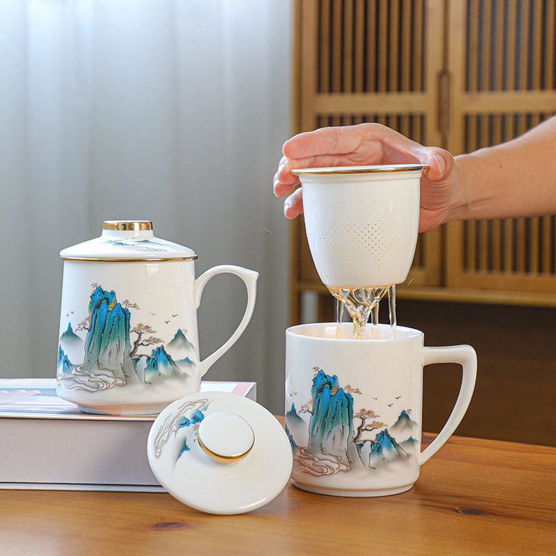 羊脂玉白瓷泡茶杯会议办公杯陶瓷水杯子大号带盖带过滤马克杯高档